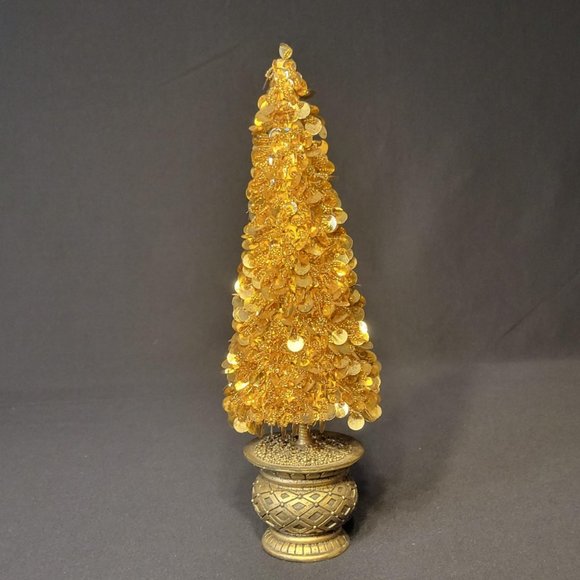12in Mini Gold Tinsel Christmas Trees Potted Style Base Decor - Picture 1 of 7